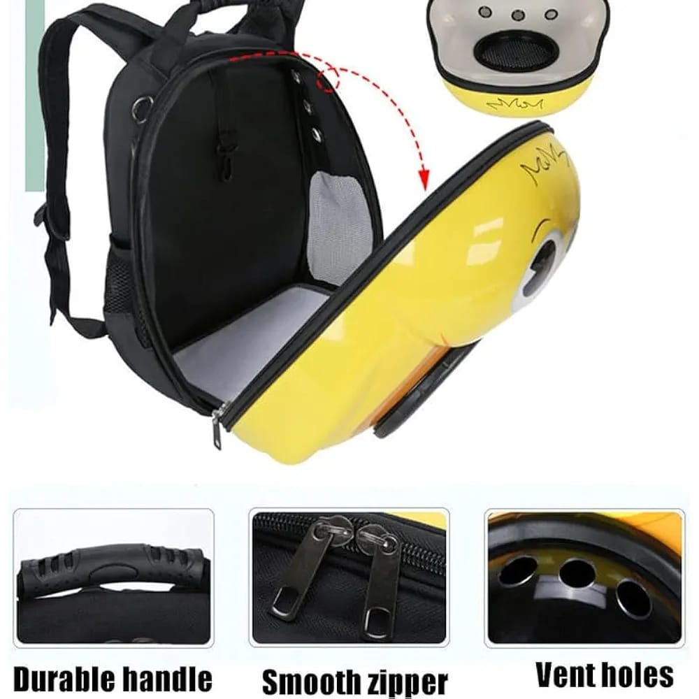 Yellow pet carrier with black backpack, showing durable handle, smooth zipper, and vent holes on a white background.