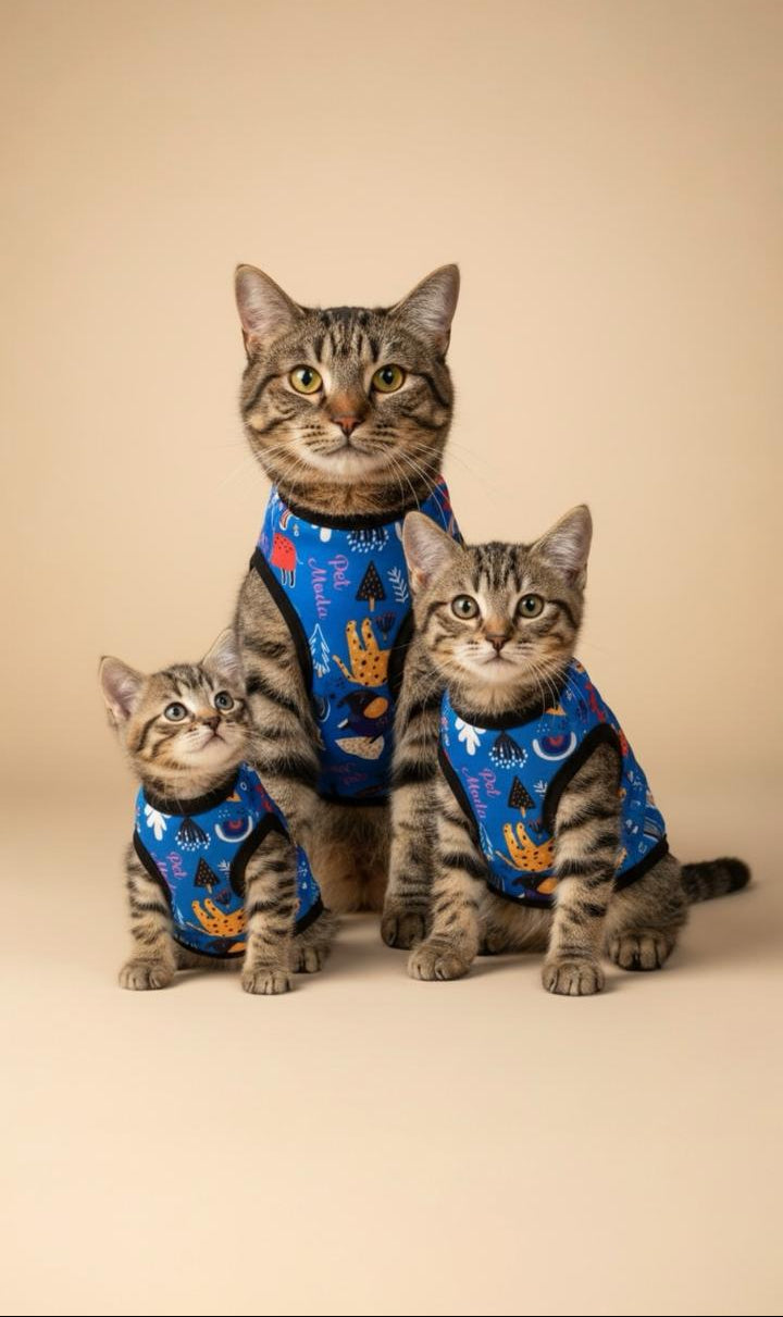 Three cats wearing matching blue outfits with colorful patterns on a beige background, branded 'Petmoda'.