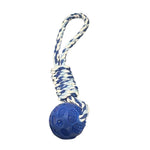Blue dog toy with a rope on a white background