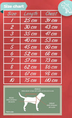 Size chart for dog coats with measurements in centimeters on a red background