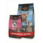Two bags of Leonardo cat food for adult light & sterilised and kitten on a white background
