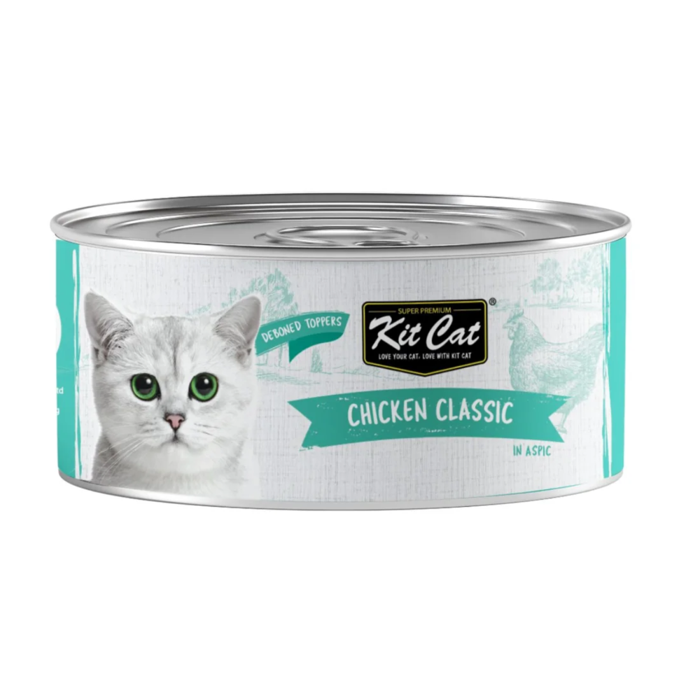 Canned cat food with Kit Cat branding on a white background
