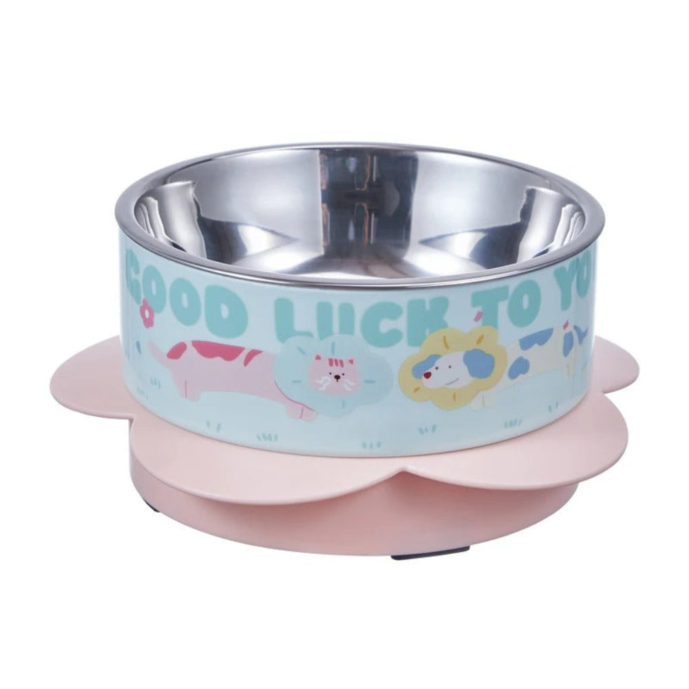 Pet bowl with cartoon designs and 'Good Luck To You' text on a white background