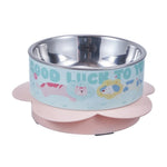 Pet bowl with cartoon designs and 'Good Luck To You' text on a white background