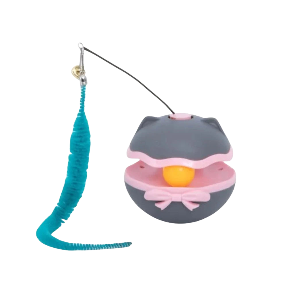 Cat toy resembling a clam with a fishing rod on a white background