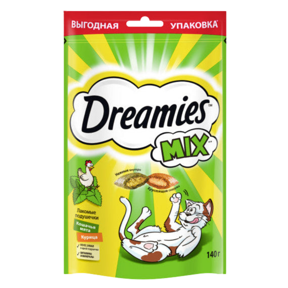 Dreamies Mix cat treat packaging with a green and yellow design