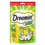 Dreamies Mix cat treat packaging with a green and yellow design