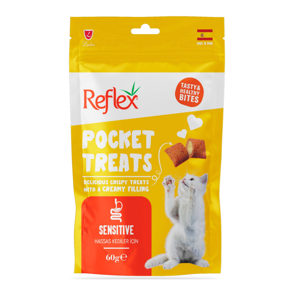 Yellow package of Reflex Pocket Treats for cats on a white background