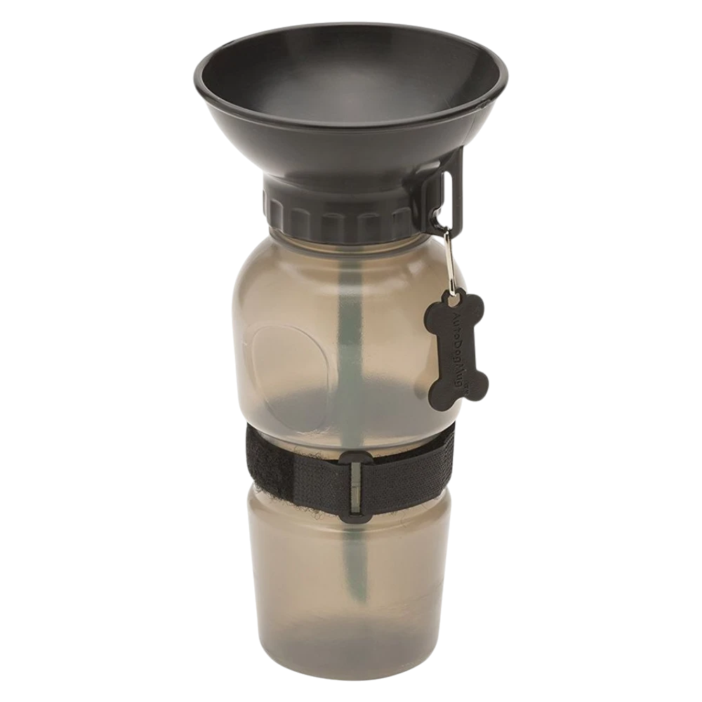 Clear water filter bottle with black lid on a white background