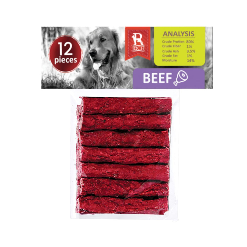 Pack of beef treats for dogs with a visible brand logo on a white background