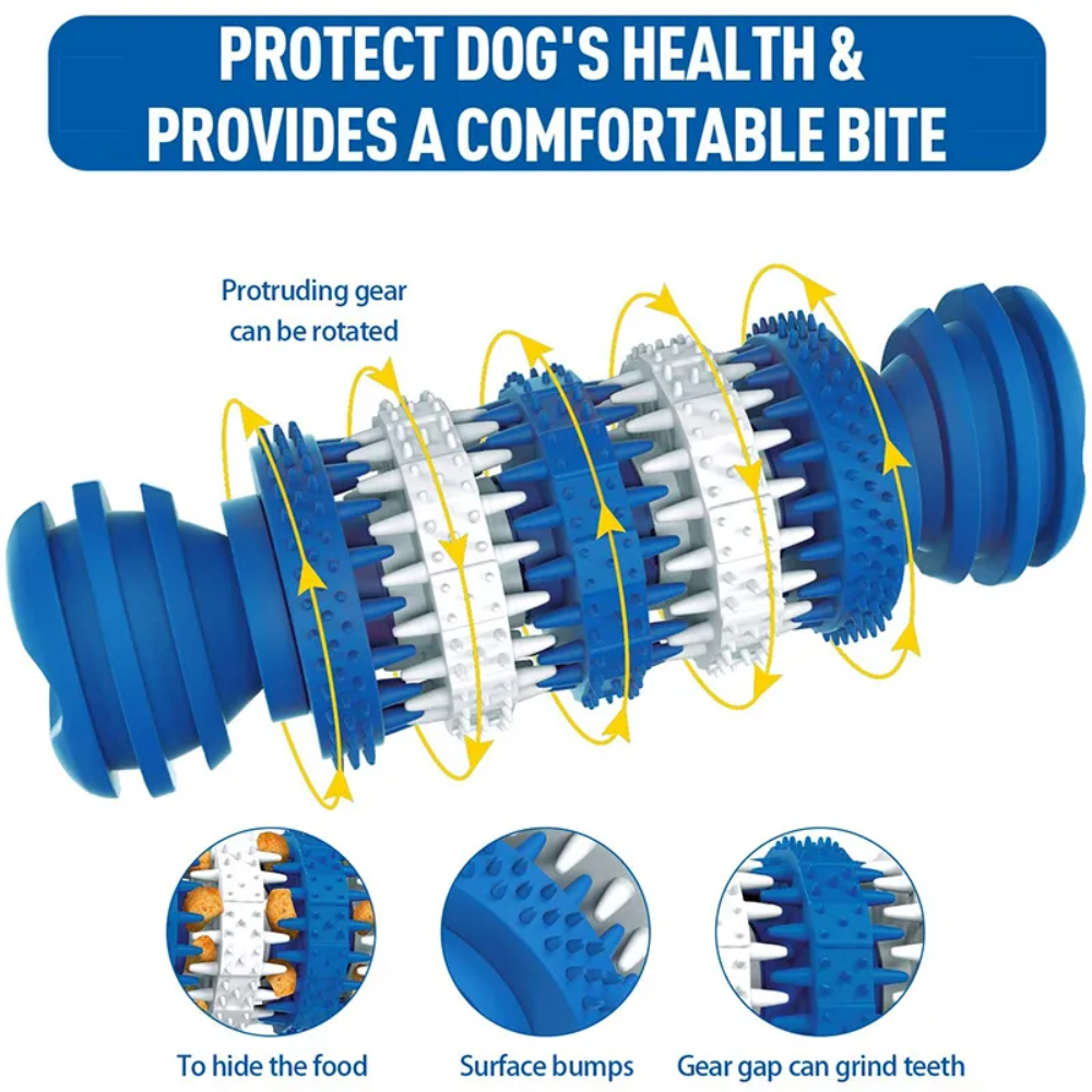 Dog toy with text highlighting its benefits for dog health and comfort.