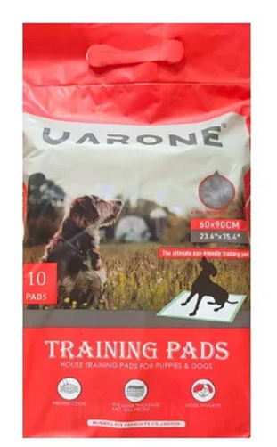 Package of Varone training pads with images of dogs and text on a white background