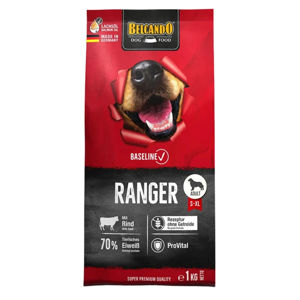 Dog food package with a red and black design featuring a dog and Belcando branding.