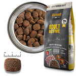 Dog food in a bowl and packaging with a scale for size reference