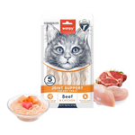 Cat treat package with a cat's face on the label, featuring beef and chicken ingredients.