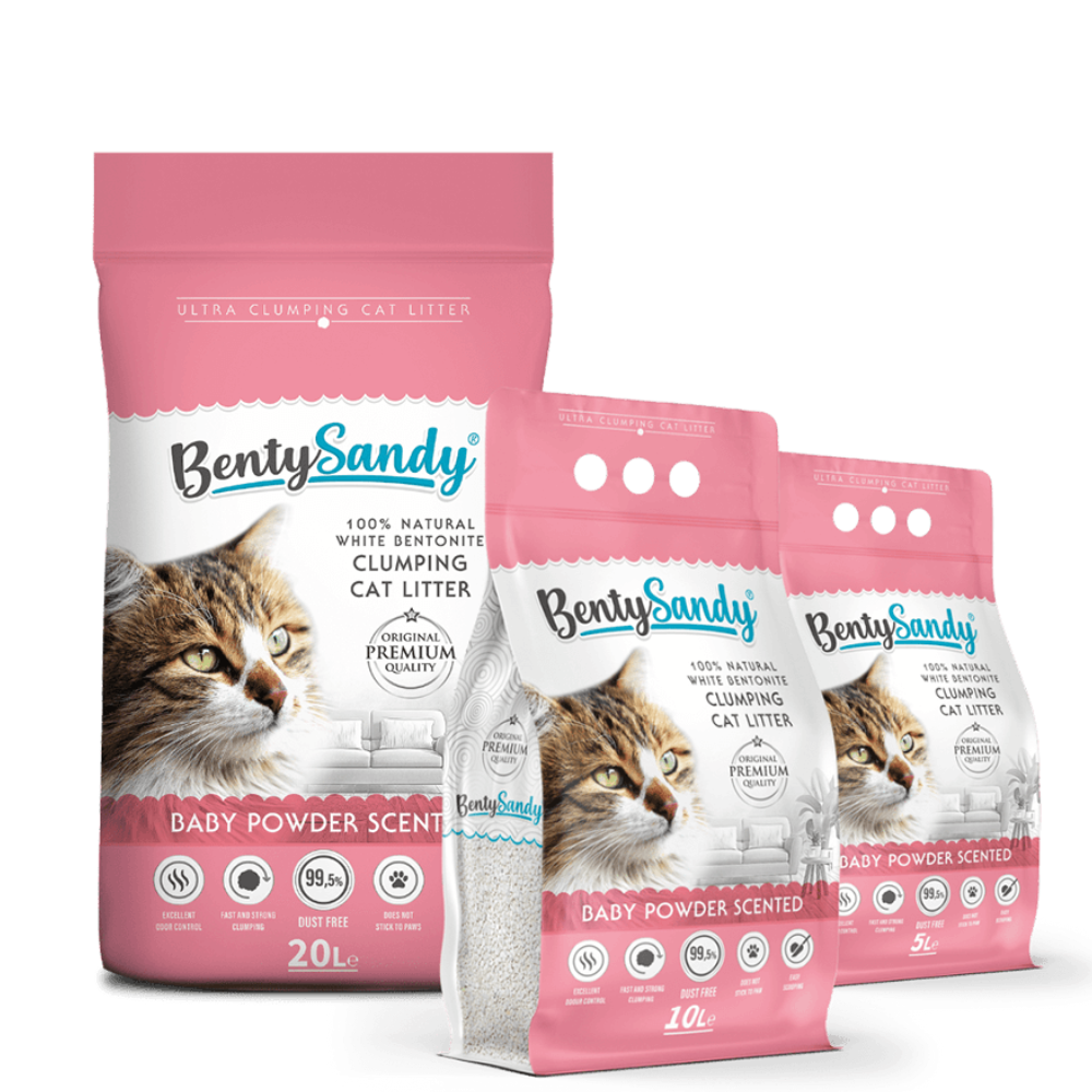 Three packages of Bently Sandy cat litter with a white background