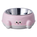 Pink pet bowl with a cartoon face on a white background