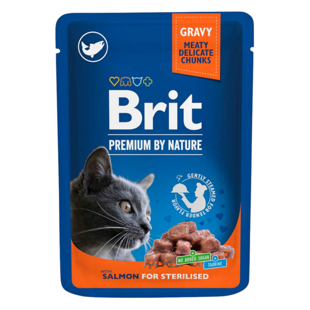 Brit Premium by Nature cat food packet for sterilised cats with salmon flavor on a white background