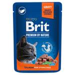 Brit Premium by Nature cat food packet for sterilised cats with salmon flavor on a white background