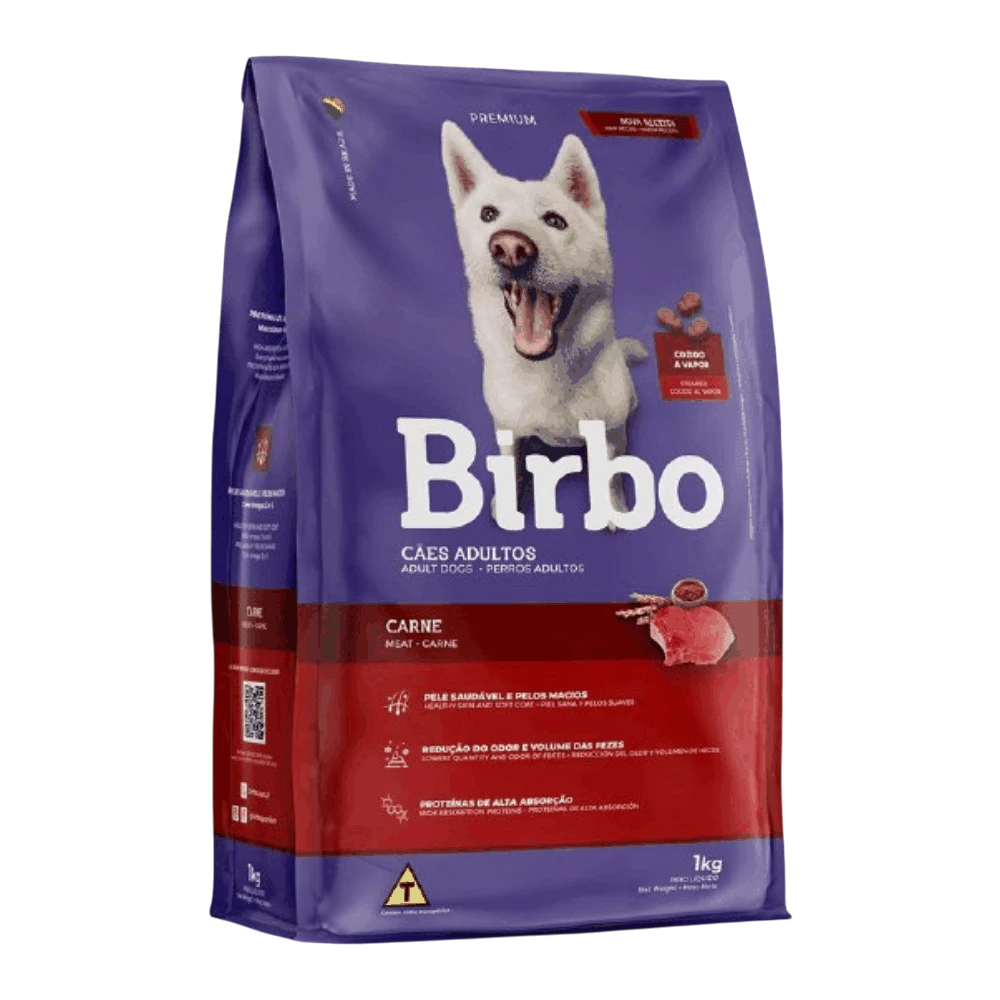 Birbo dog food package with a white dog on a purple and red background