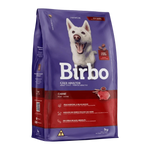 Birbo dog food package with a white dog on a purple and red background