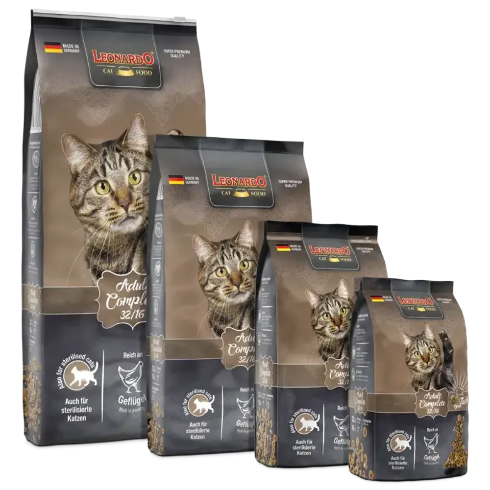 Leonardo cat food packages with a cat on the packaging on a white background