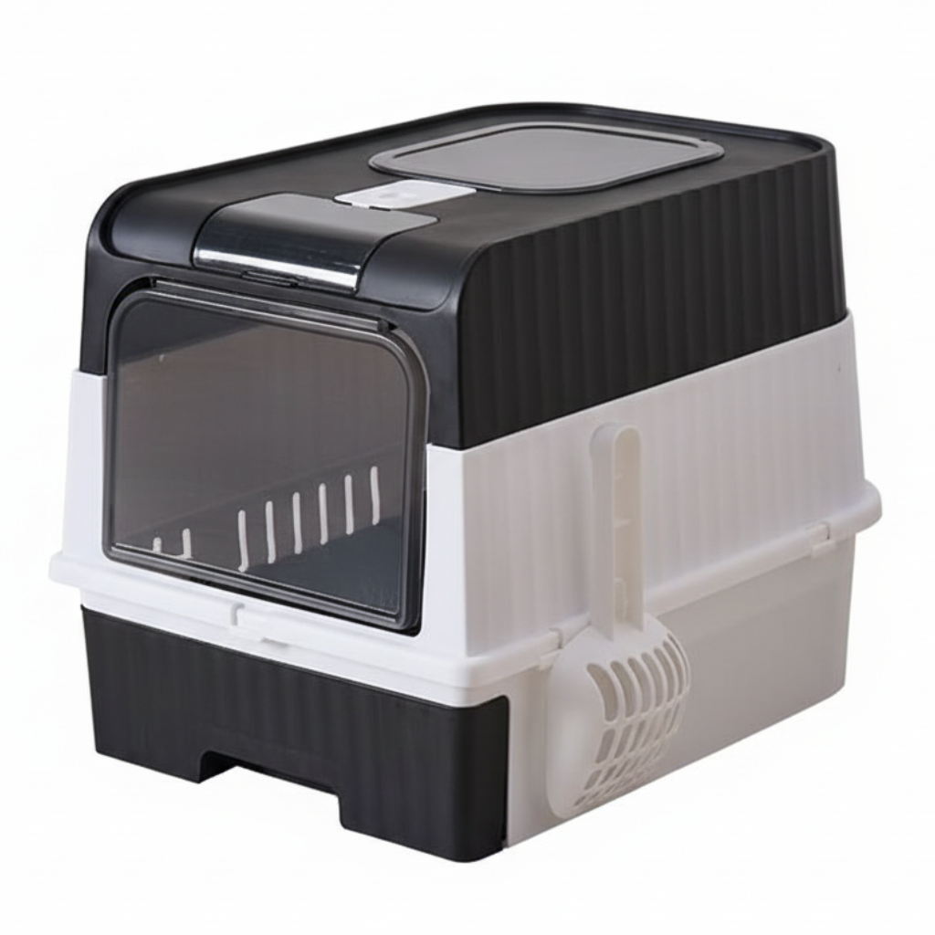 Black and white pet carrier on a white background