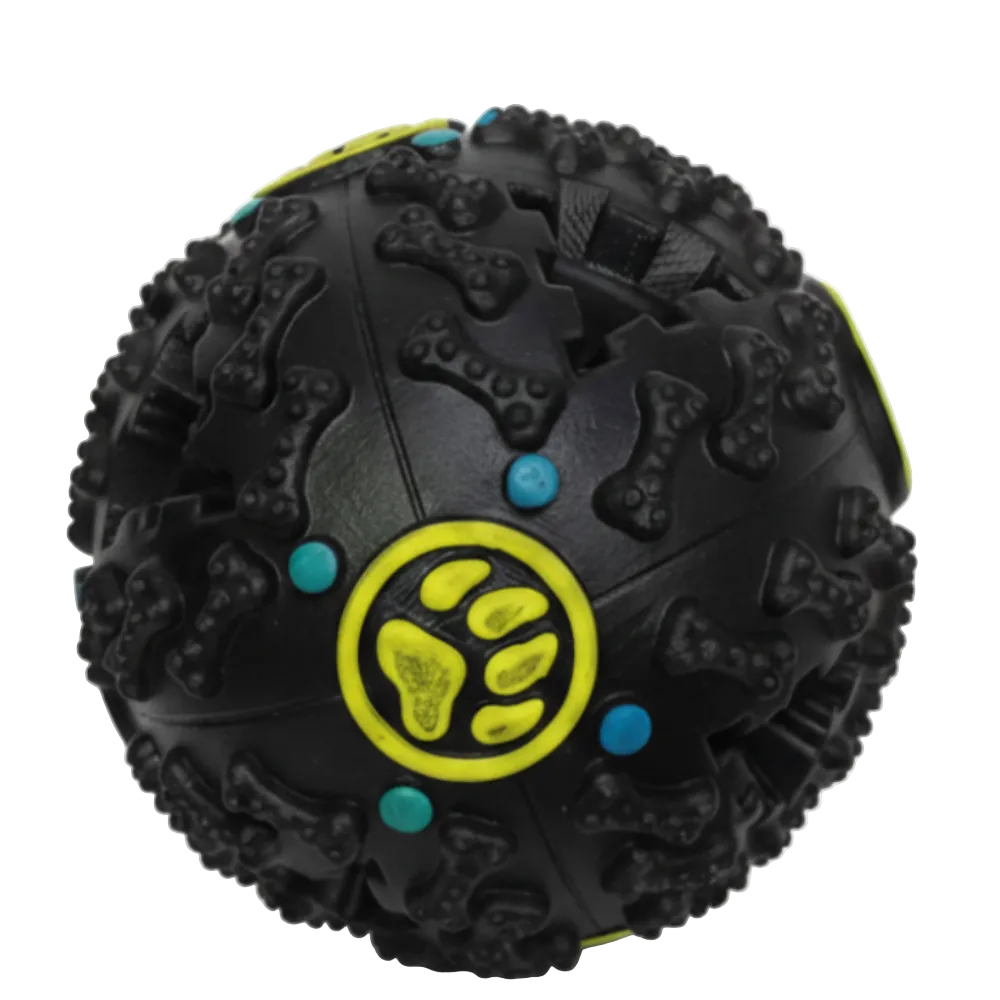 Black textured dog toy with a yellow paw logo on a white background