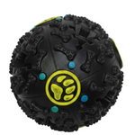 Black textured dog toy with a yellow paw logo on a white background