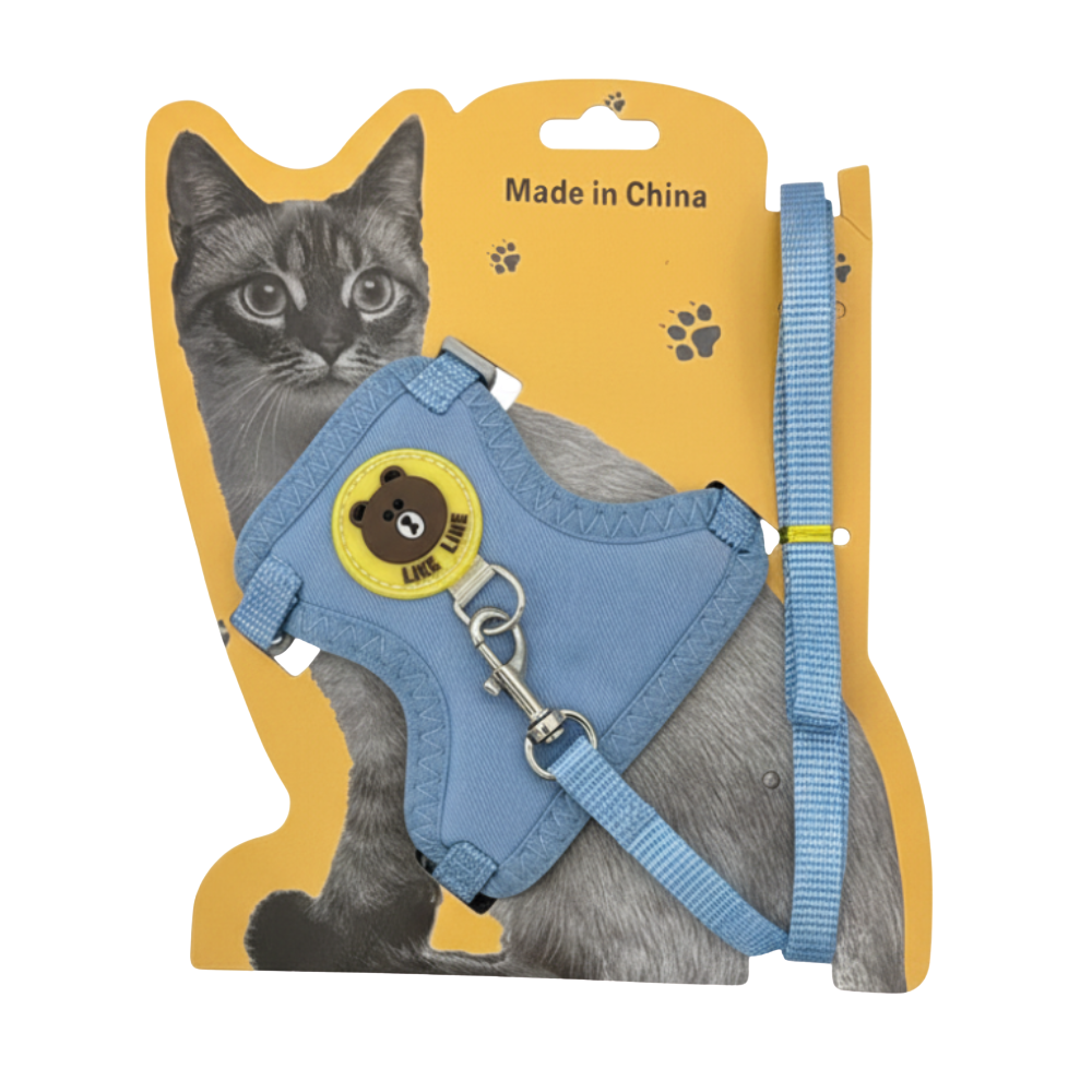 Blue cat harness on white background