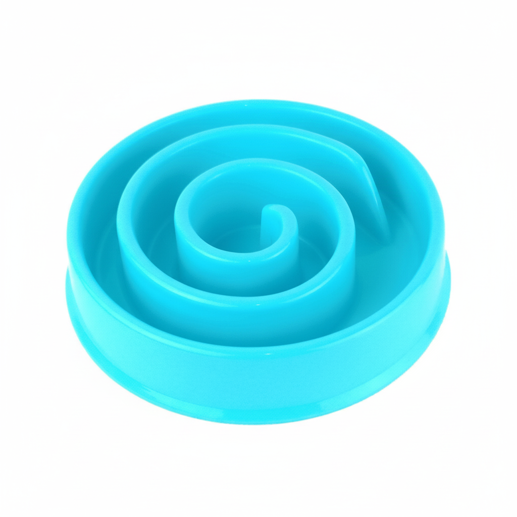 Blue spiral slow feeder bowl white background