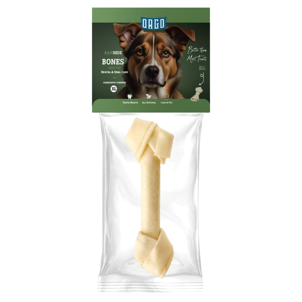 Dog bone treat in packaging with Dago branding on a green background