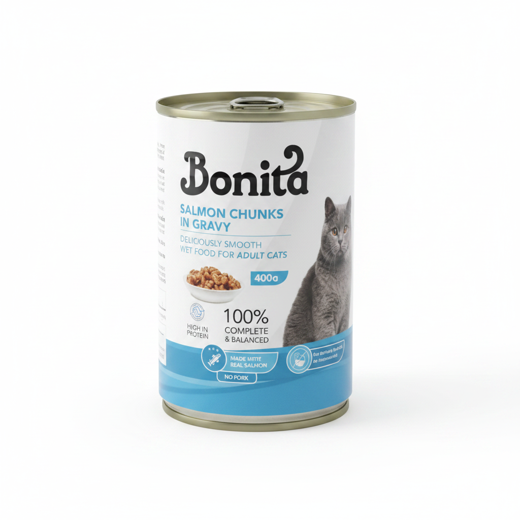 Bonita Salmon Chunks in Gravy - White Background