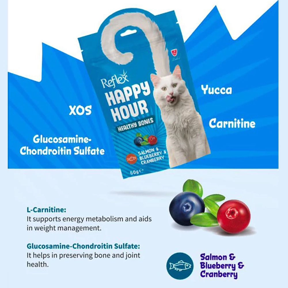 Cat treat package with blue background and white cat illustration, featuring ingredients like Yucca, Carnitine, Glucosamine-Chondroitin Sulfate, L-Carnitine, and Salmon & Blueberry & Cranberry.