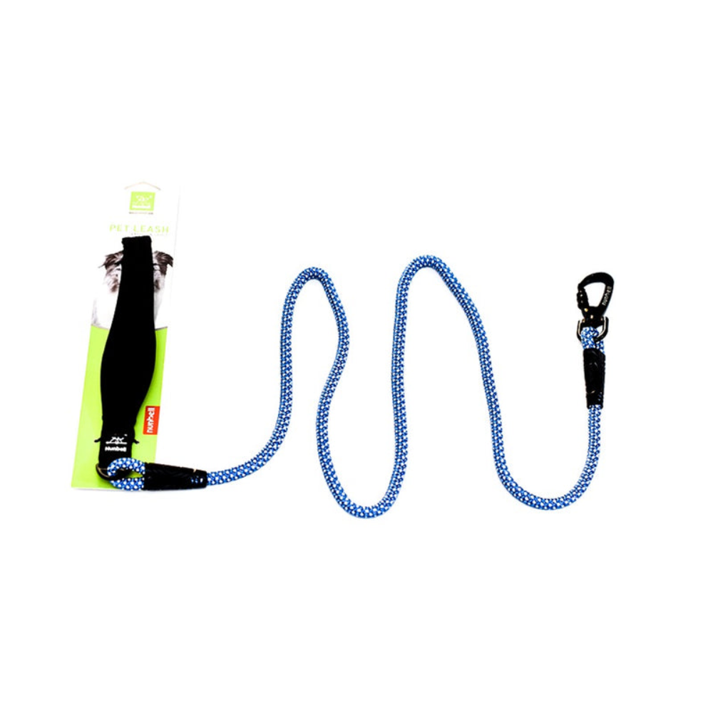 Blue dog leash with black clip on a white background