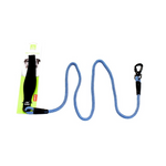Blue dog leash with black clip on a white background