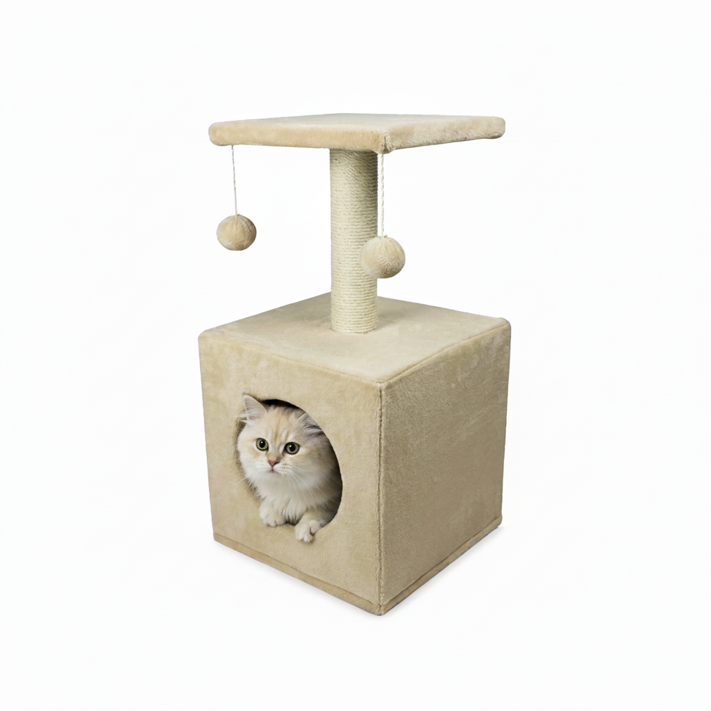Cat peeking from inside cat house