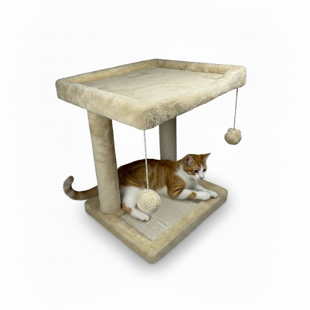 Cat playing on beige cat tree
