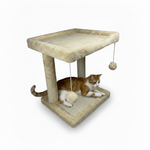 Cat playing on beige cat tree
