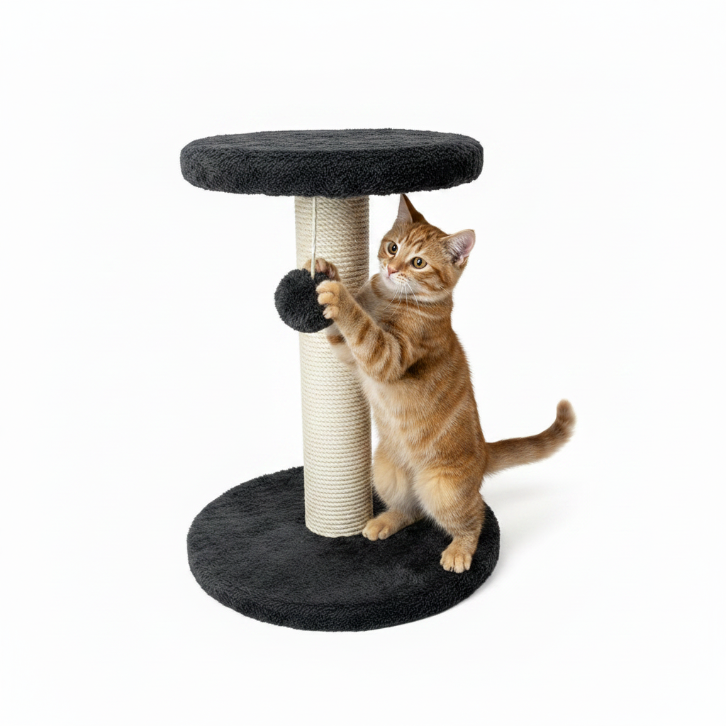 Cat playing with black cat scratcher