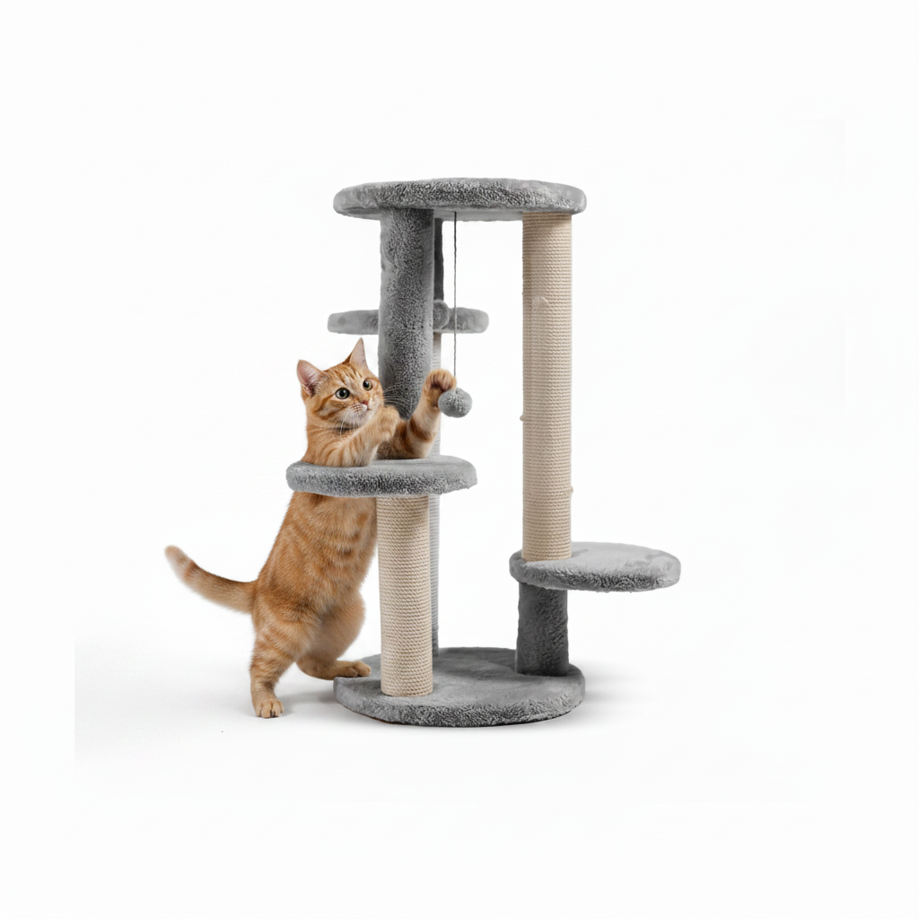 Cat playing with gray cat tree