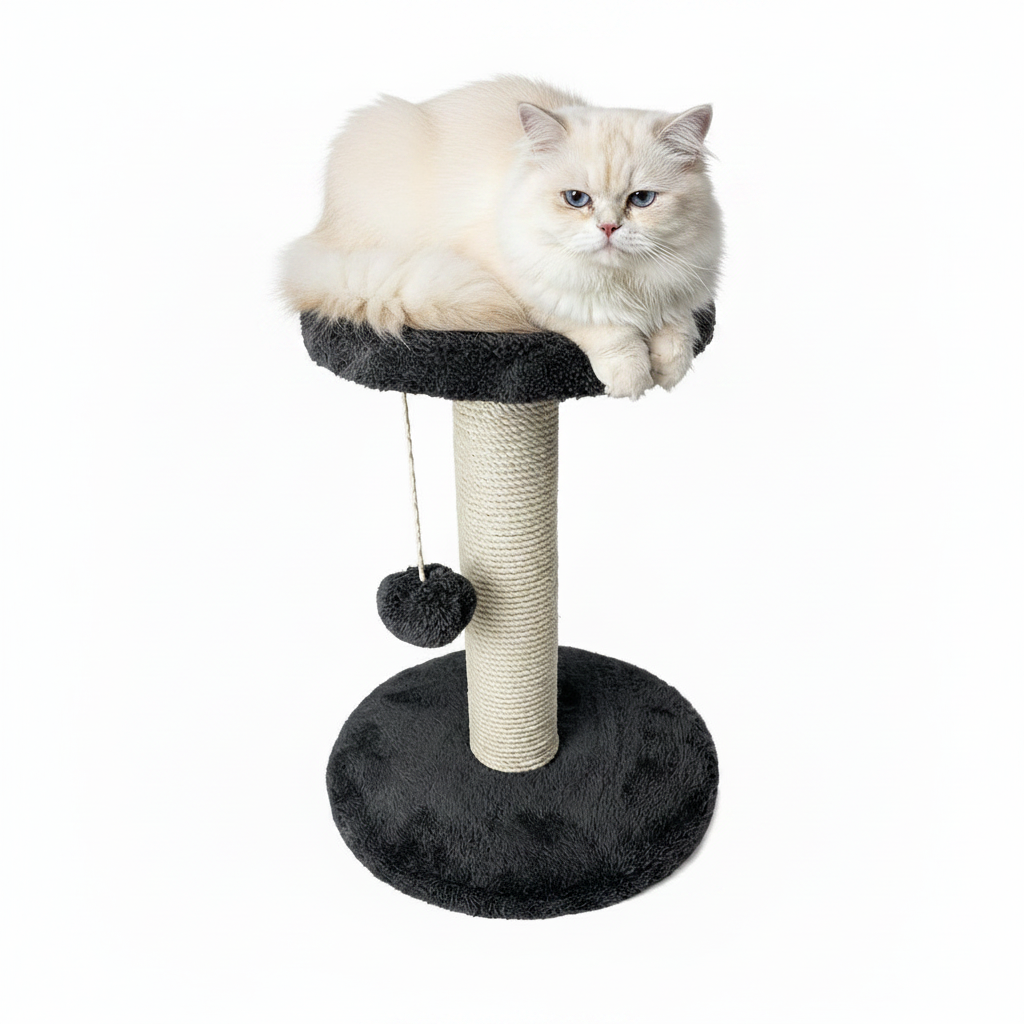 Cat sitting on black cat scratcher