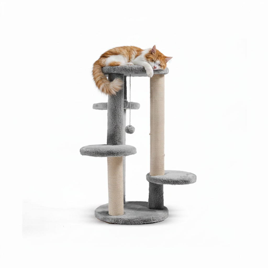 Cat sitting on gray cat tree