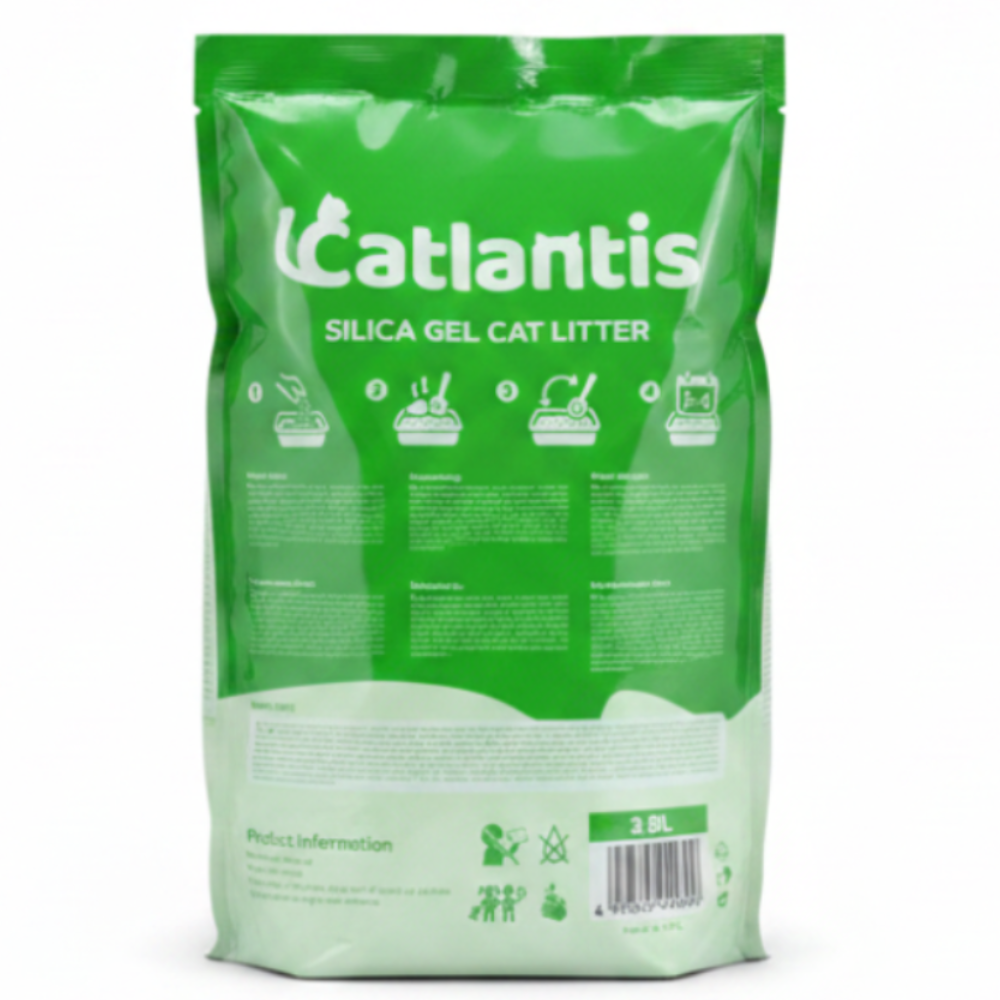 Green bag of Catlantis cat litter on a white background