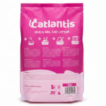Pink bag of Catlantis silica gel cat litter on a white background