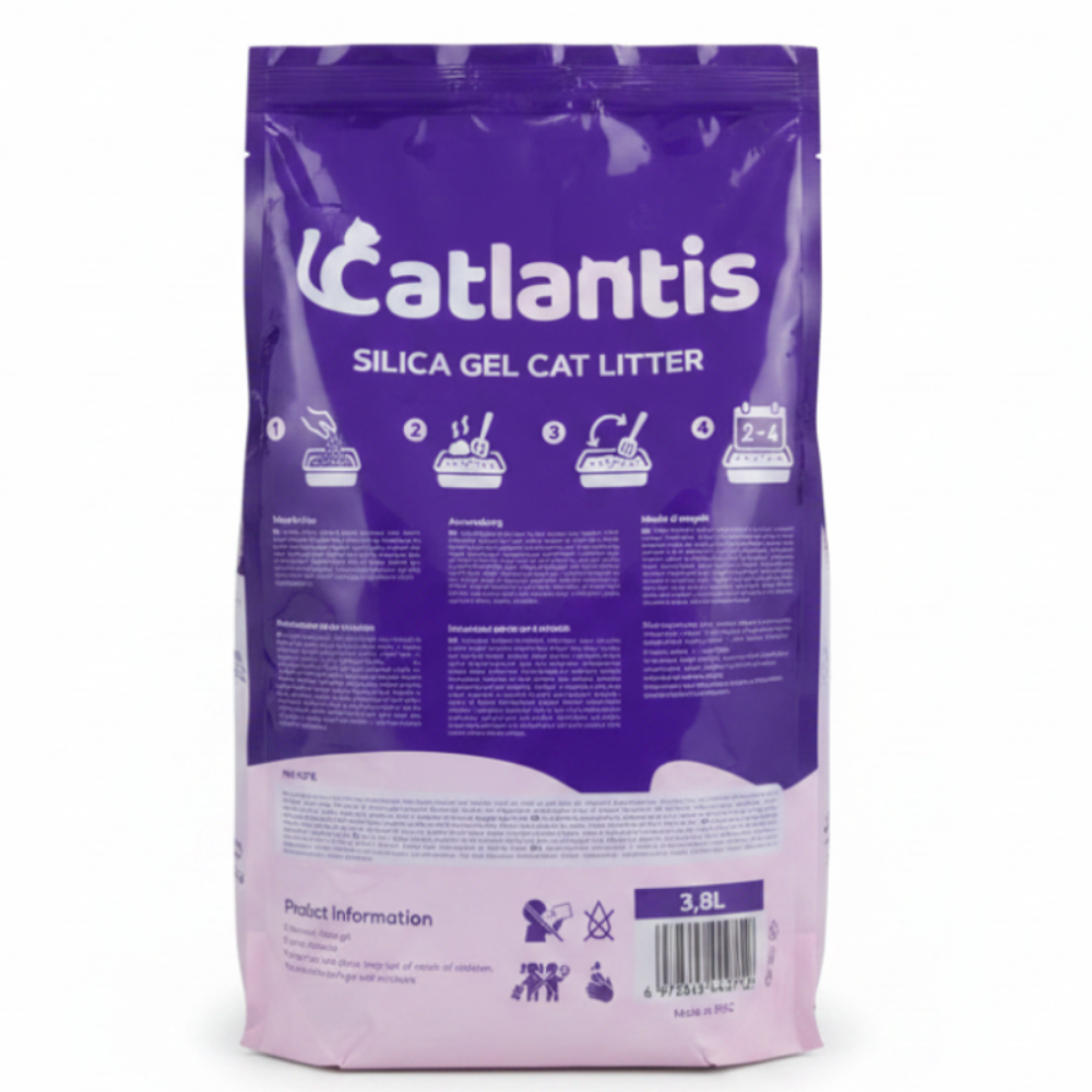 Purple bag of Catlantis silica gel cat litter on a white background
