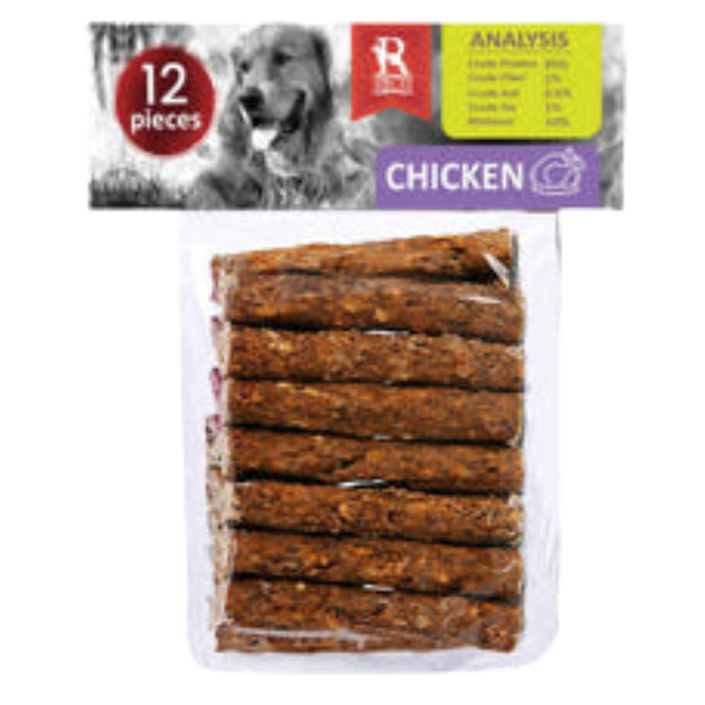 Packaged dog treats with chicken flavor label on a white background