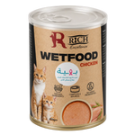 A 400g can of RICH Excellence Wetfood Chicken cat food, featuring a brown kraft paper label with pictures of two cats and a bowl of wet food, set against a plain light background.