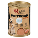 A 400g can of RICH Excellence wet food chicken dog food, featuring a kraft paper label with pictures of two golden retrievers and a clear window showing the wet food inside.
