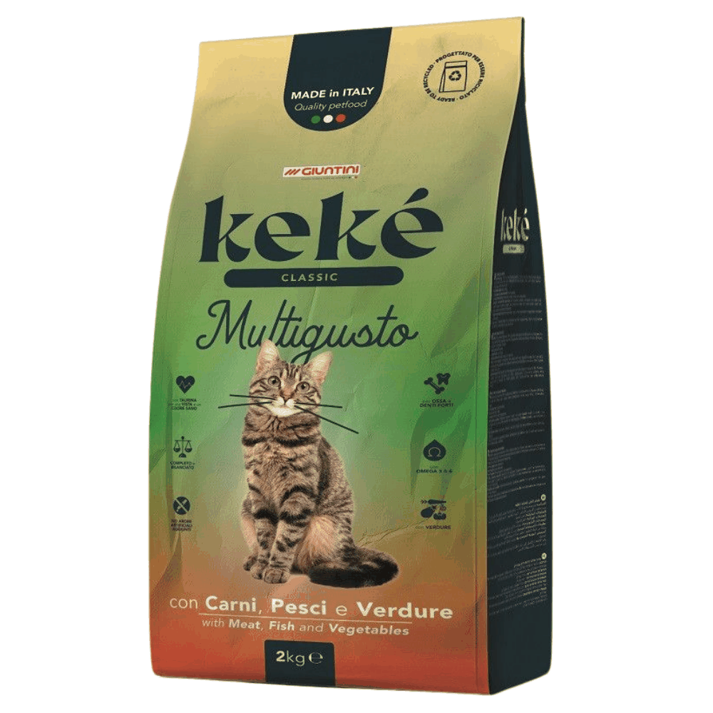 Keké cat food package with a cat on the label, made in Italy.